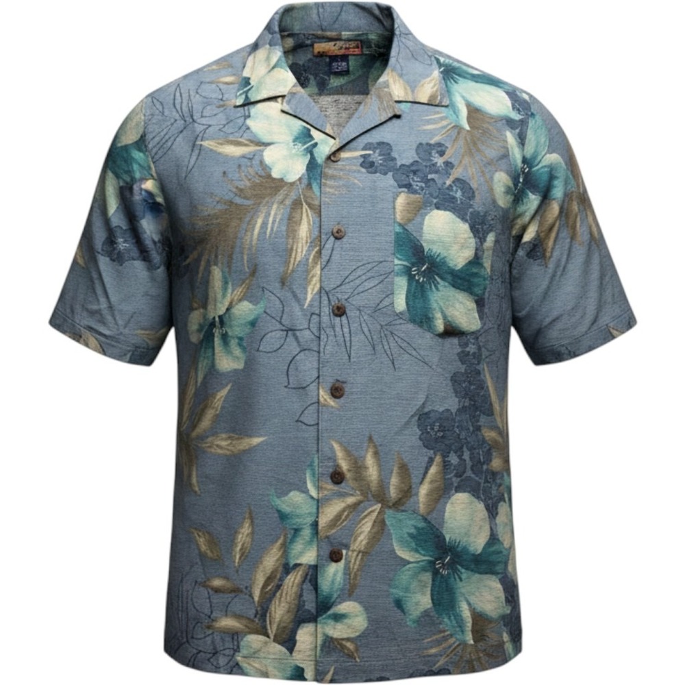 Havana Jacks Cafe 100% Silk Hawaiian Shirt Floral Tropical Blue Mens Large L